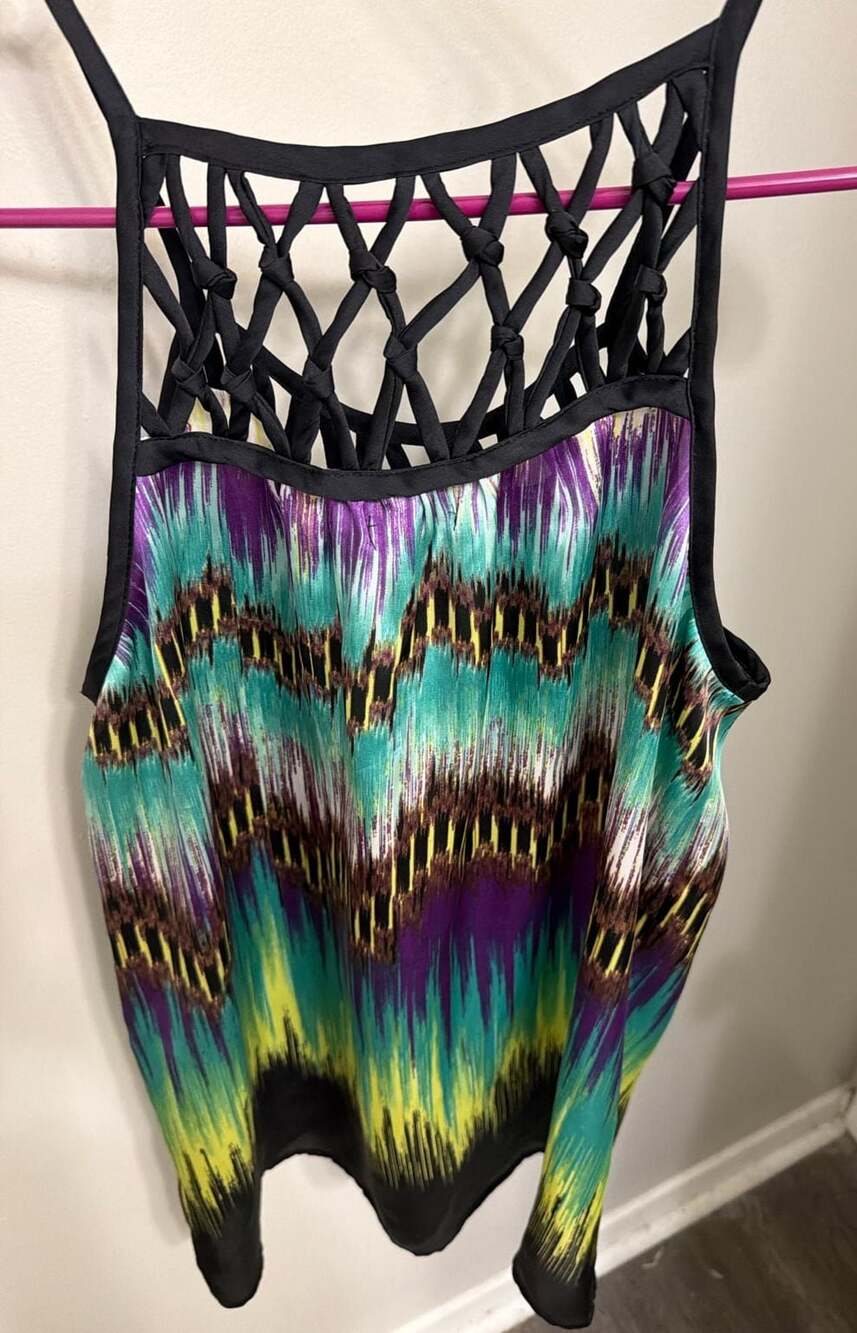 Bisou Bisou Women’s XS Ikat Print Tank Top Macrame Teal Purple Black Blouse